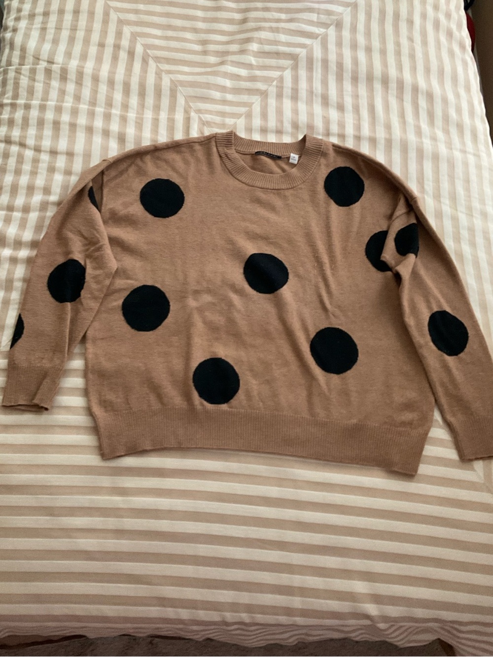 T Tahari Tan Crewneck Sweater with Black Polka Dots